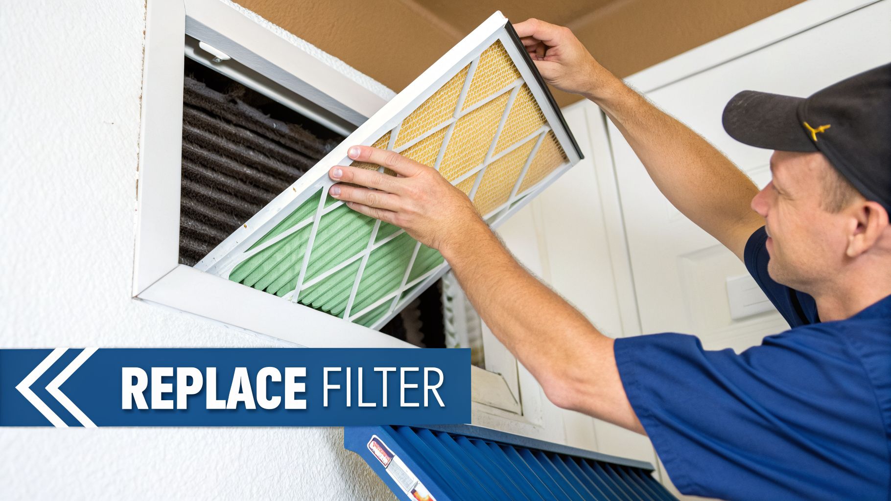 A person is replacing a dirty HVAC air filter with a new clean, green and yellow filter.