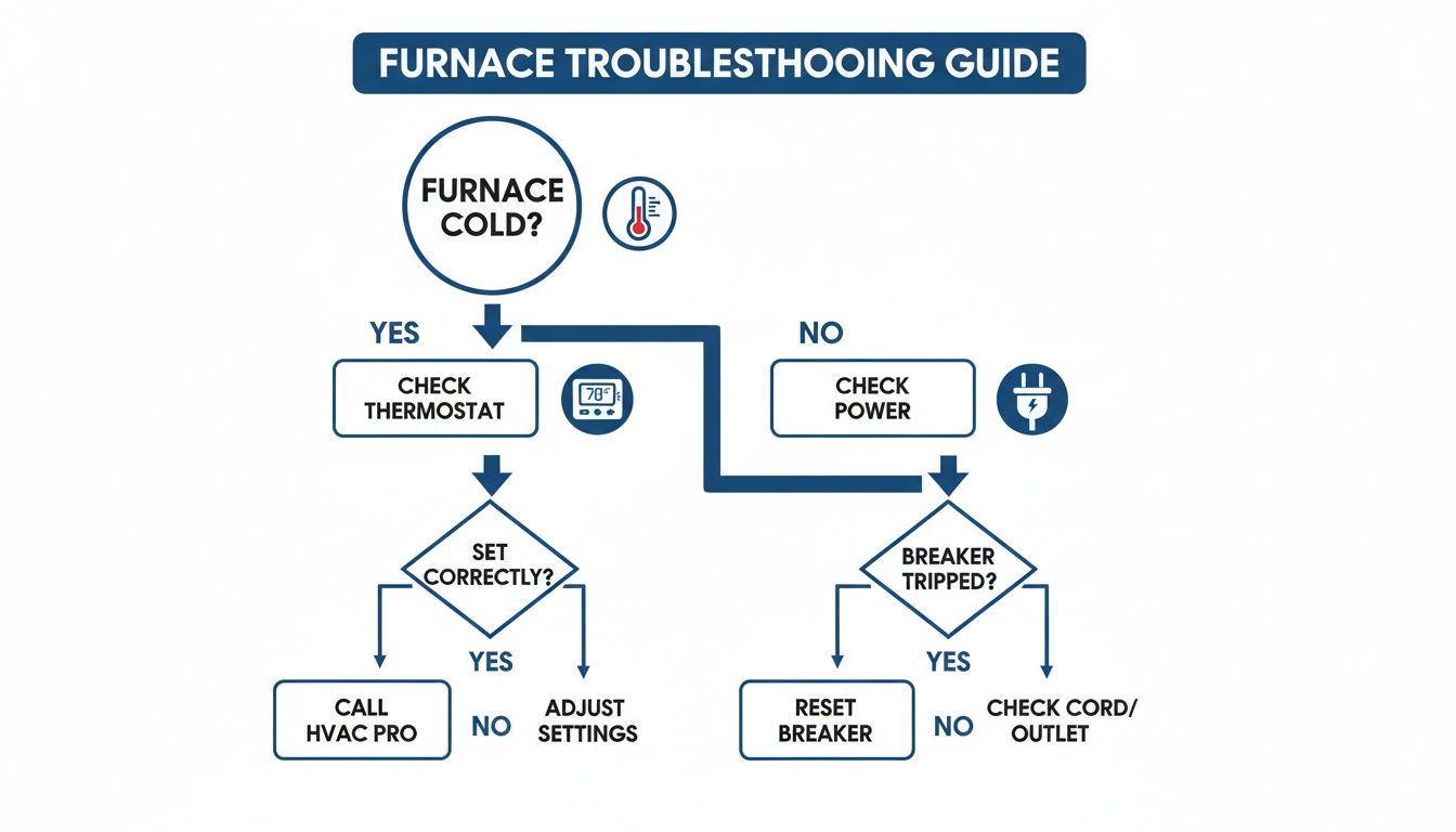 A furnace troubleshooting guide flowchart for a cold furnace, checking thermostat, power, and breakers.